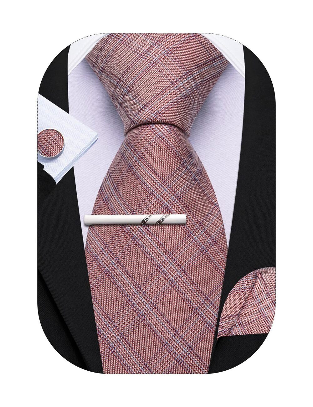 8760 Tie Sets Plaid Necktie Silk Woven Checkered Handkerchief Cuff Links